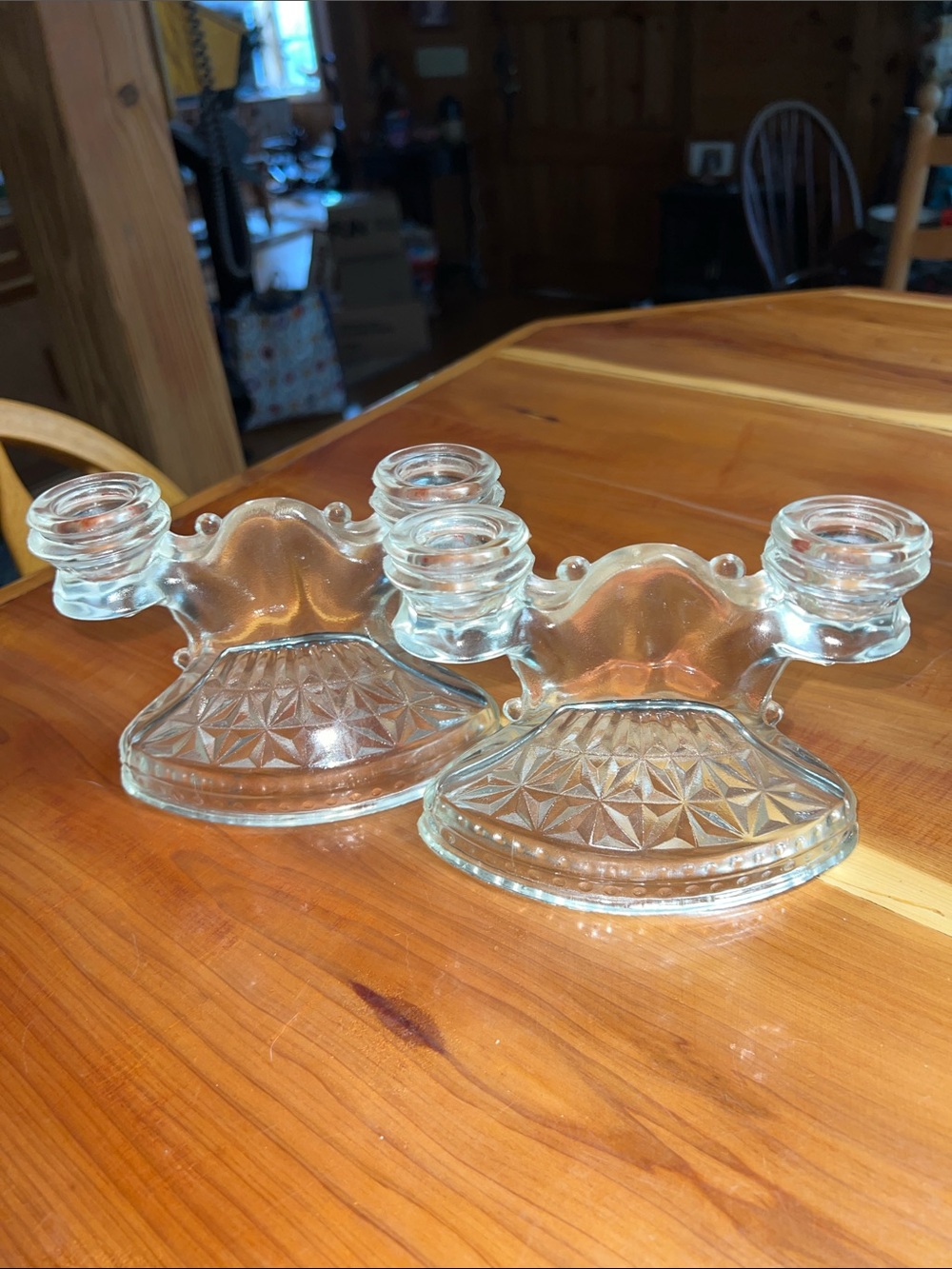 Vintage Pressed Glass Double Candle Holders - Clear 1930 Art Deco